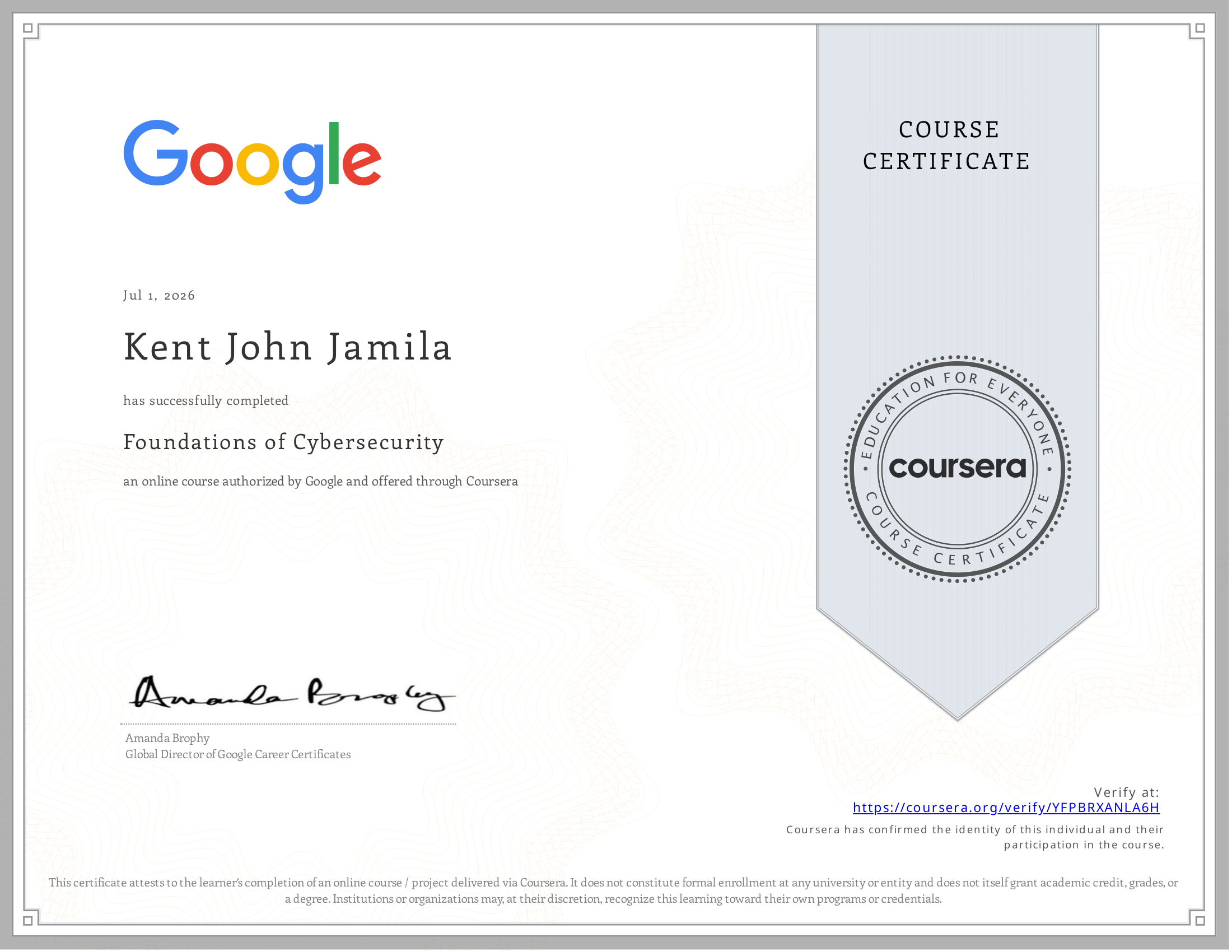 Cybersecurity Foundation certificate